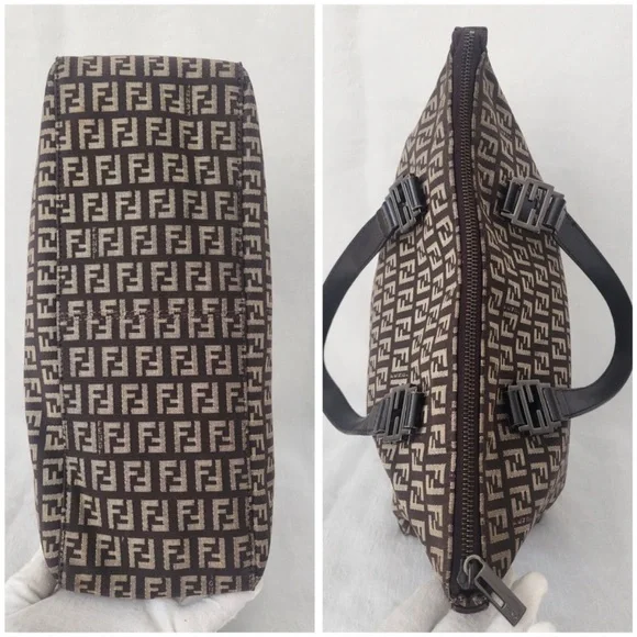 Vintage Fendi Zucchino FF Monogram Canvas Tote Bag Brown Leather Trim Italy - Picture 7 of 10